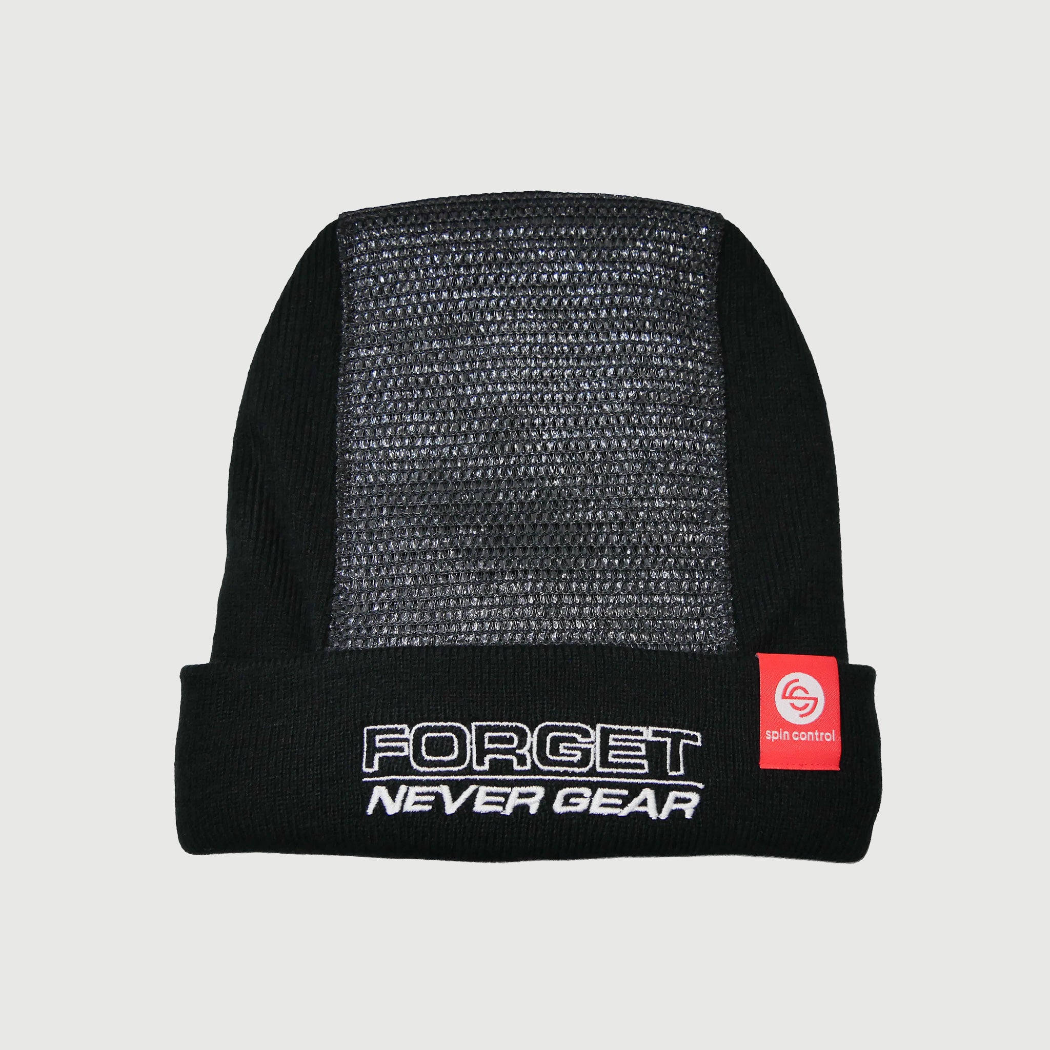 Spin Control Black Premium Spin Cap beanie with gray mesh back and 'FORGET NEVER GEAR' text on a white background
