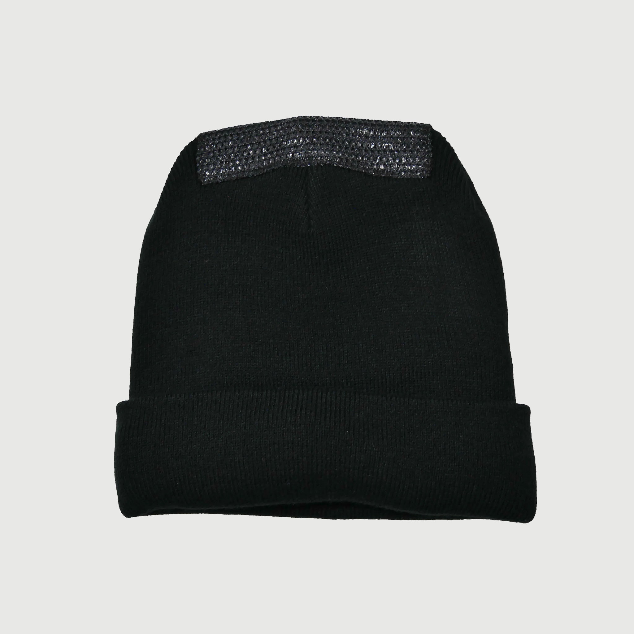 Back View of Spin Control Black Premium Spin Cap beanie with gray mesh back and 'FORGET NEVER GEAR' text on a white background